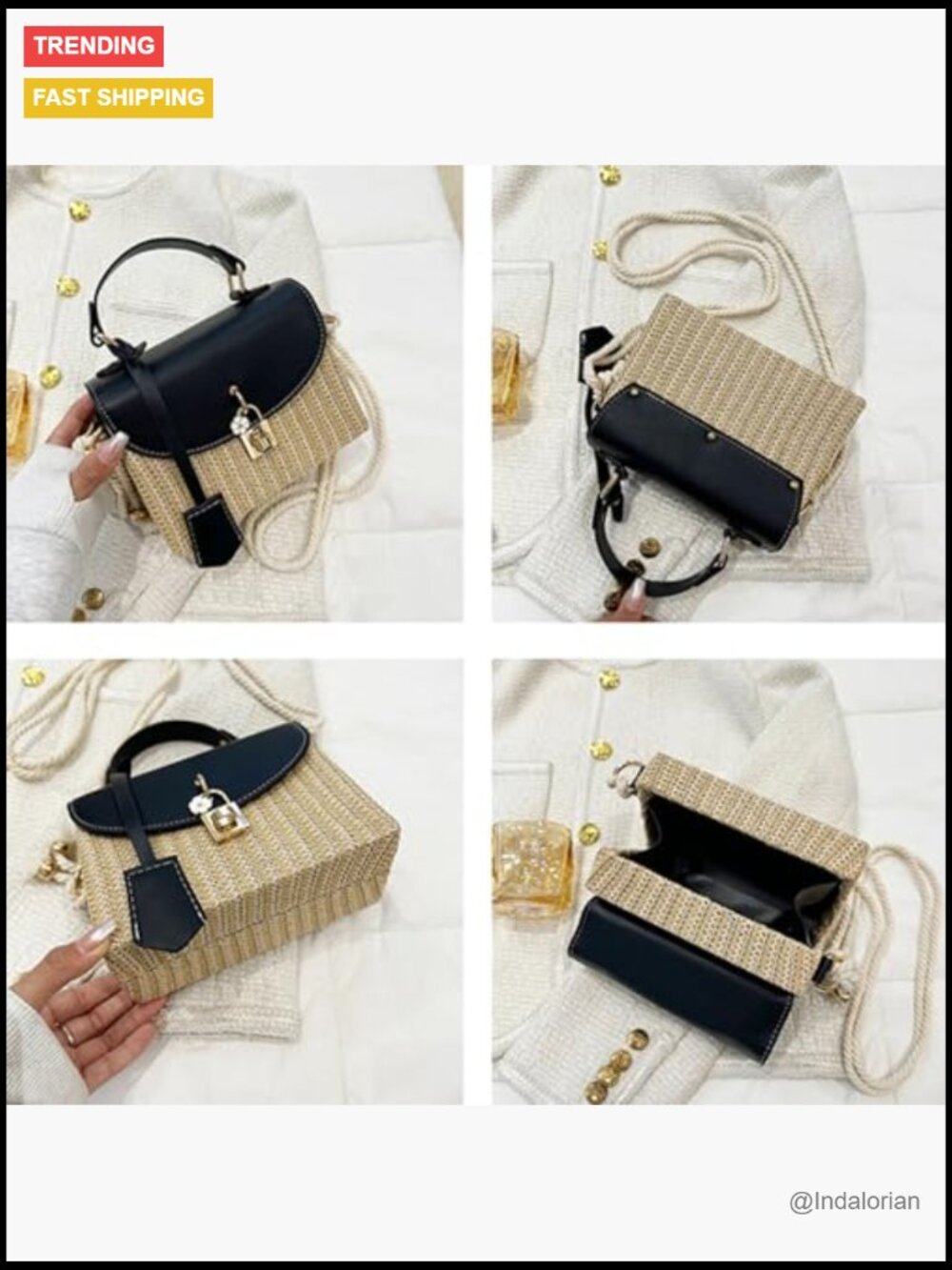 Faux Leather & Straw Patchwork Crossbody Beach Bag, Summer Woven Shoulder Bag - Picture 4 of 6